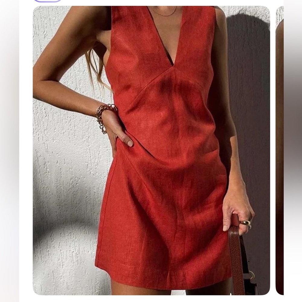 Commense Cotton & Linen V-Neck Short Dress